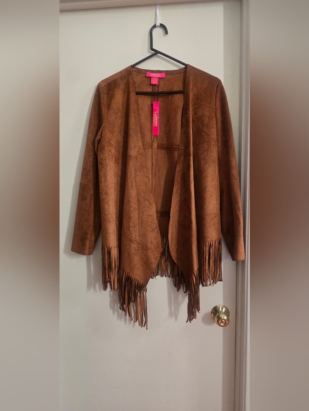 NWT Catherine Malandrino Faux Suede Fringe Draped Open Front Jacket Cognac M